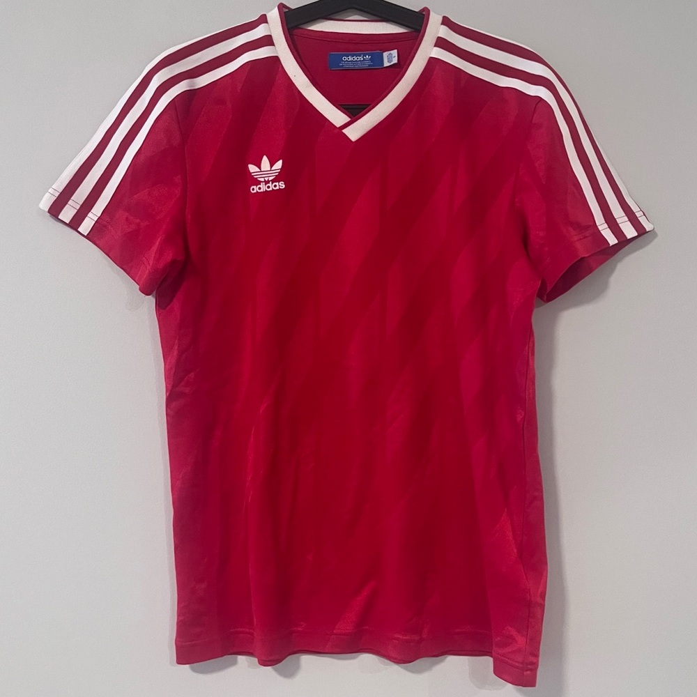 adidas originals Men’s Red V‑Neck Trefoil Shirt with White Stripes